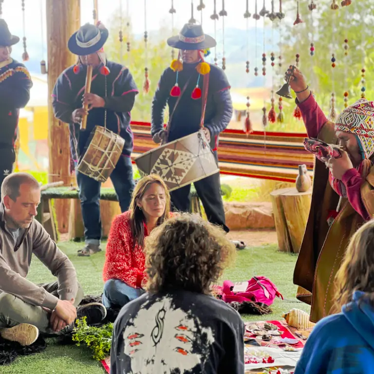 Andean cultural ceremony with traditional music in Cusco Peru