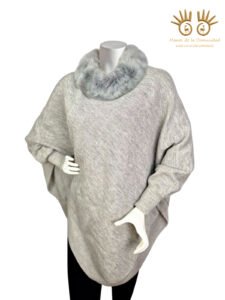 Handknitted Alpaca Poncho with Fur Collar