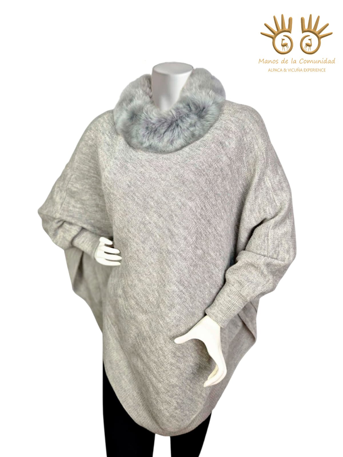Handknitted Alpaca Poncho with Fur Collar