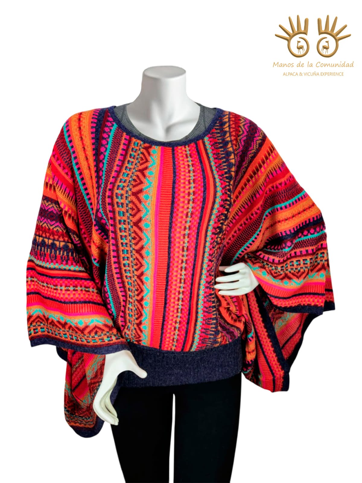 Handknitted Crewneck Alpaca Poncho with vibrant Traditional Patterns