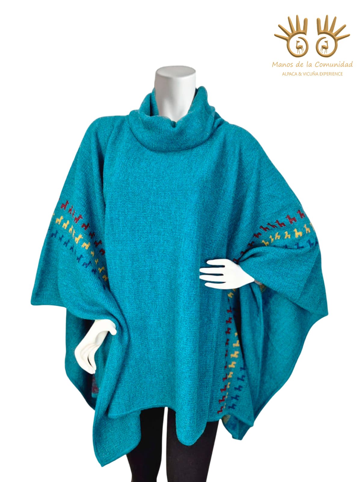 Handknitted alpaca poncho with llama details