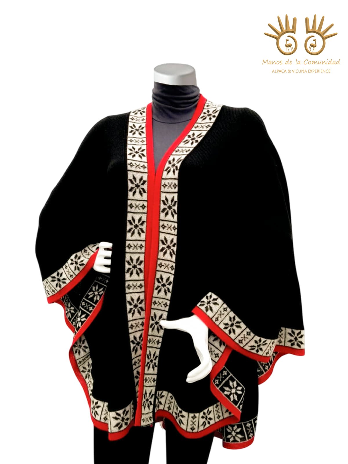 Handcrafted open-front black Alpaca ruana cape with red order